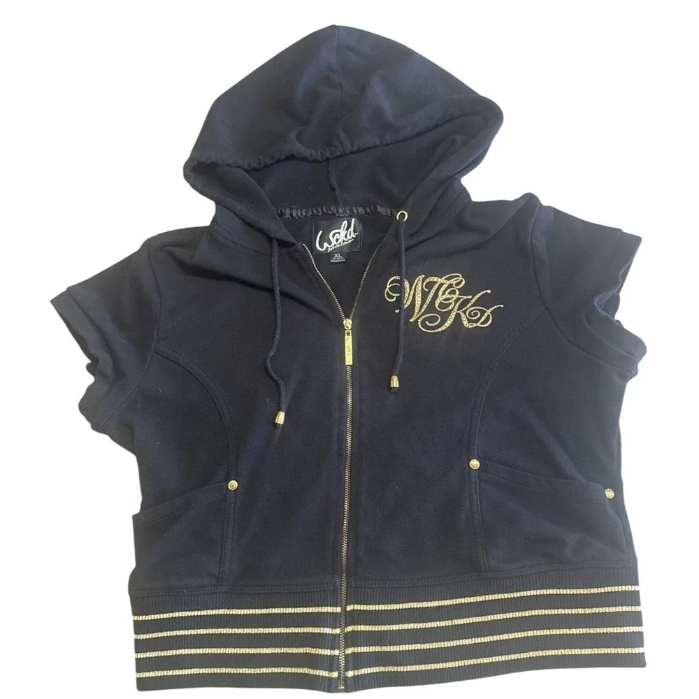 Y2K Wckd Full Zip Crop Hoodie Short Sleeve Rhinestone Logo Black & Gold Youth XL